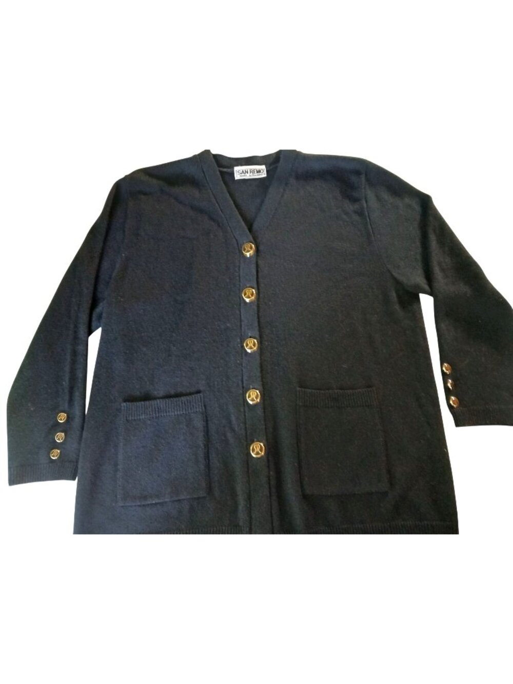 Vintage San Remo Black Cardigan Sweater Size XL V Neck Signature Button Classic
